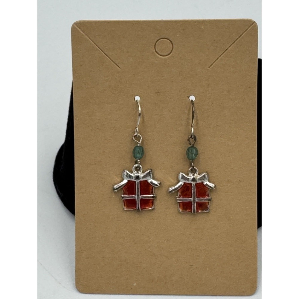 Silver Tone‎ Red Bow With Green Bead Dangle Earrings